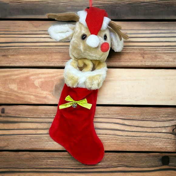 VTG Christmas Stocking 19” Rudolph Red-Nosed Reindeer Head Plush Santa Hat Bell - Picture 1 of 12